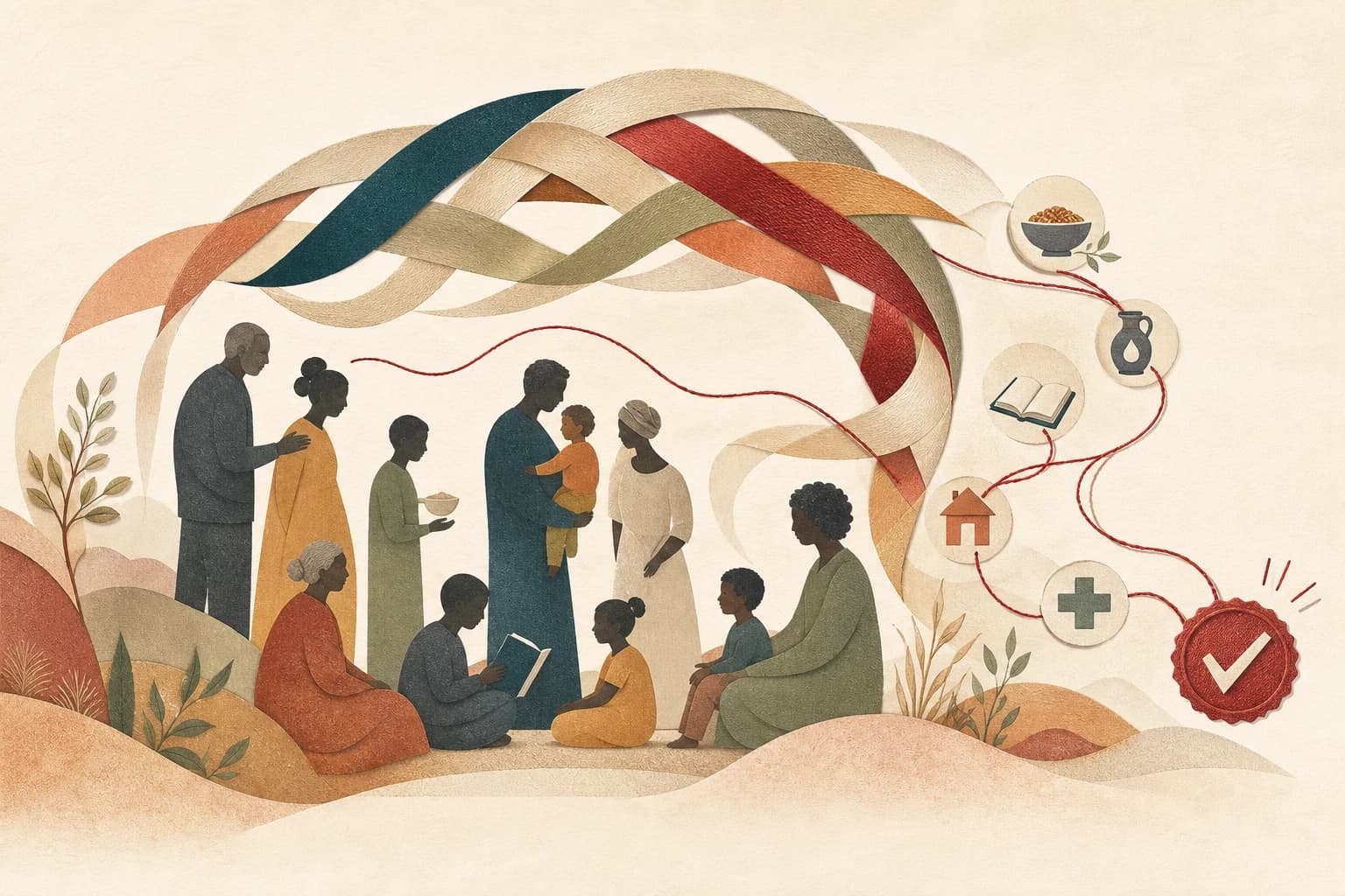 Editorial illustration of a community sheltered by woven ribbons, with a red thread linking essential support to a verification seal